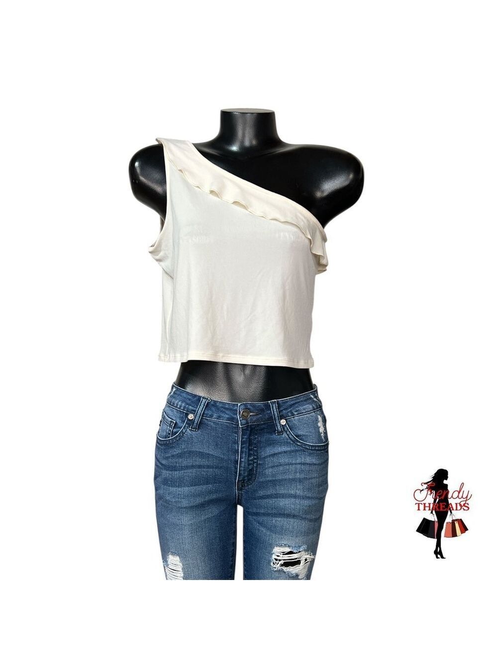 71 Express NEW One-Shoulder LARGE CropTop Sleeveless Cream White Ruffle Feminine